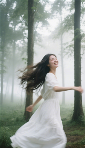 树林雾气朦胧意境少女美女摄影图片